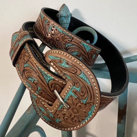 Myra Bag Accessories - Hand-tooled Leather Black silver buckle Turquoise Belt Myra Bag Western boho M